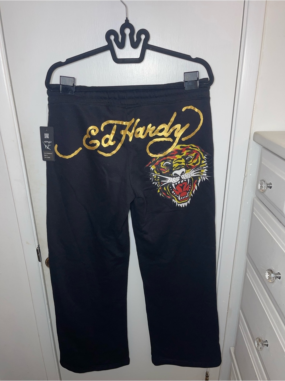 NWT Ed Hardy Black Sweatpants with Gold Script and Multicolor Tiger